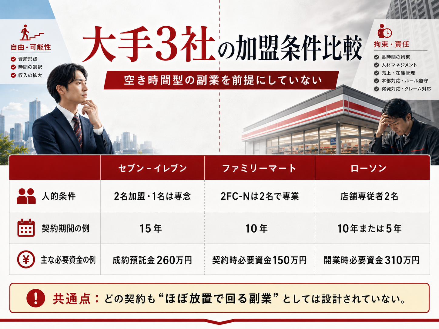 セブン‐イレブン、ファミリーマート、ローソンの人的条件、契約期間、必要資金を比較した図